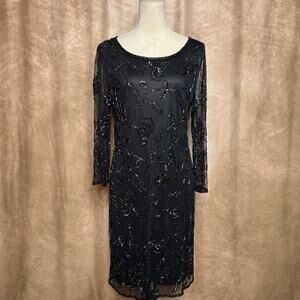 Vintage 90s Prelude Beaded Shift Dress Black Sheer Sleeve Mesh Couture Gothic